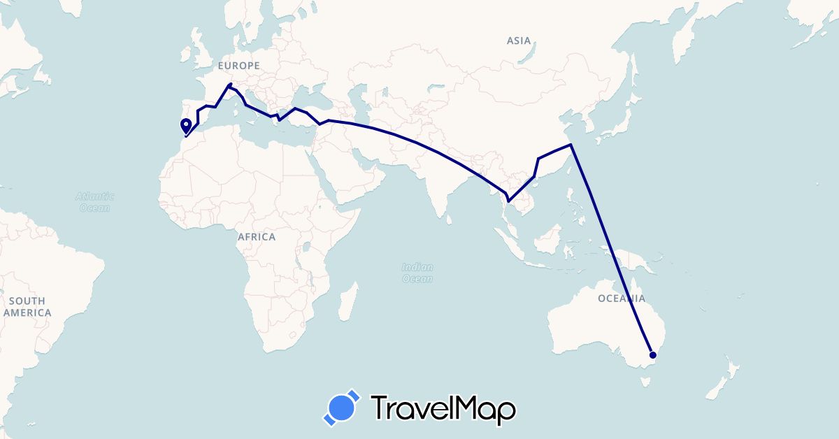 TravelMap itinerary: driving in Australia, Switzerland, China, Spain, Greece, Italy, Morocco, Thailand, Turkey (Africa, Asia, Europe, Oceania)