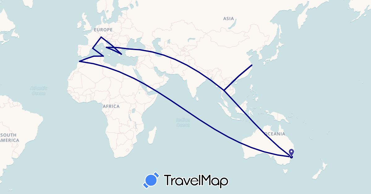 TravelMap itinerary: driving in Australia, Switzerland, China, Algeria, Spain, Greece, Italy, Morocco, Thailand, Tunisia, Turkey (Africa, Asia, Europe, Oceania)